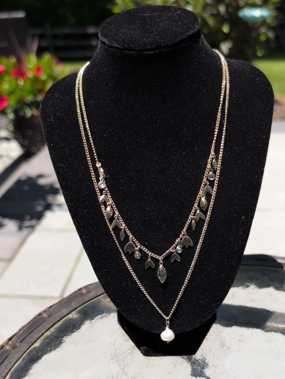 White House Black Market Gold Tone Layered Leaf Necklace with Pearl Drop